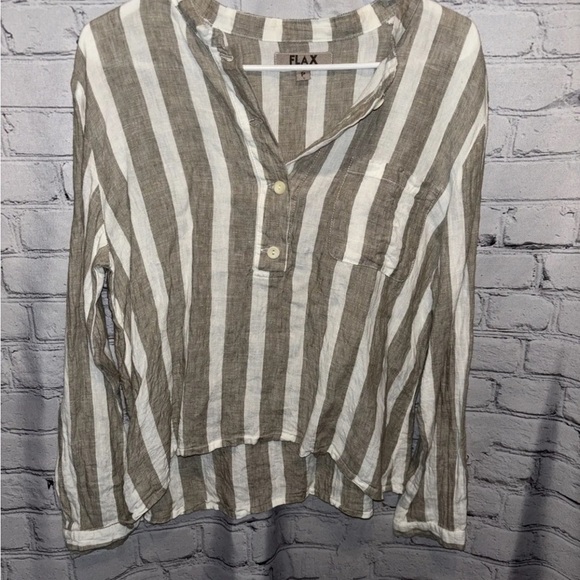 FLAX Linen Striped Button Down Blouse Top Small Lightweight V Neck Long Sleeve - Picture 4 of 5